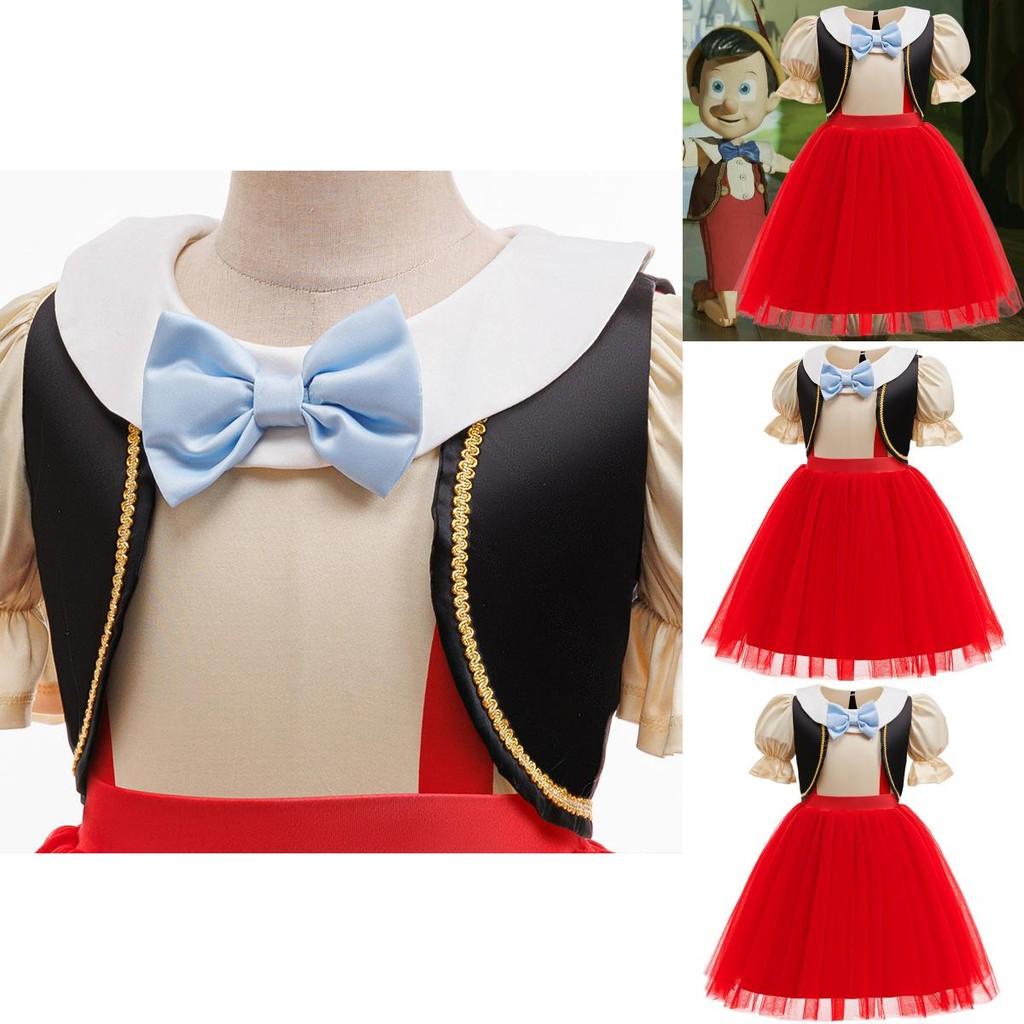 Vestito Principessa Bambina Pinocchio con Design a Patchwork e Materiale in Poliestere per Occasioni Formali e Recital