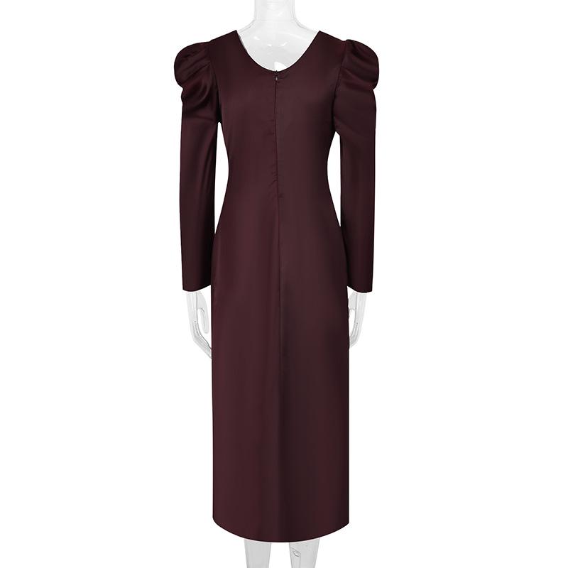 Elegant V-Neck Waist-Cinched Slimming Long-Sleeved Dress for Women