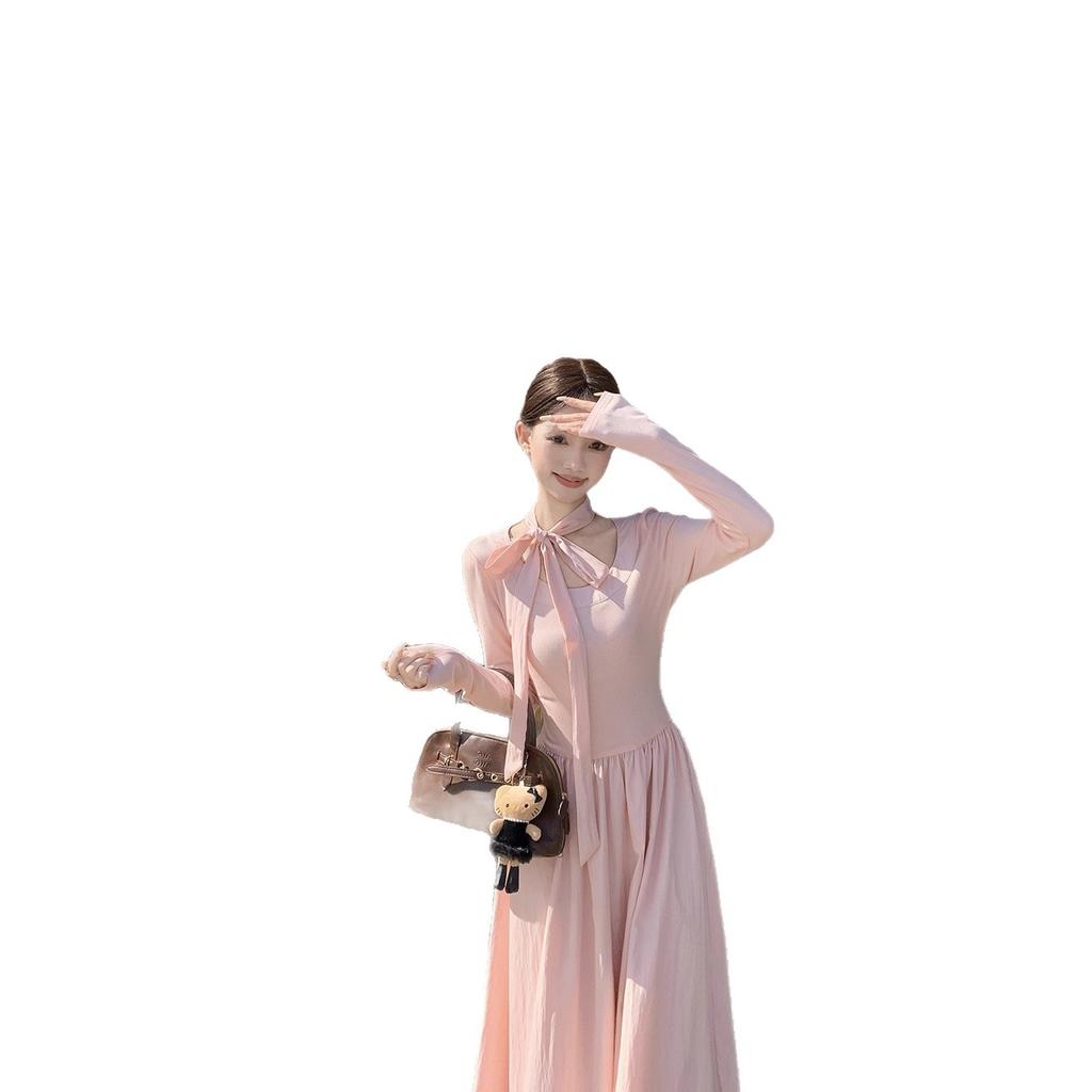Early Autumn MIU French First Love New Bow Waist Pink Long Dress Gentle Atmosphere A-word Dress