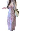 Holiday style smudged floral suspender dress women's summer French age reduction waist hip skirt long dress women's tide