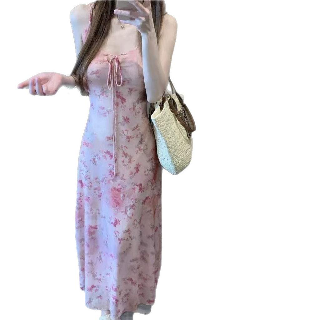 Holiday style smudged floral suspender dress women's summer French age reduction waist hip skirt long dress women's tide