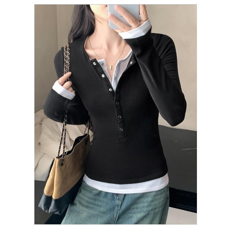 Women S Long Sleeve Fake Two Piece Henry Collar Slim Fit T Shirt