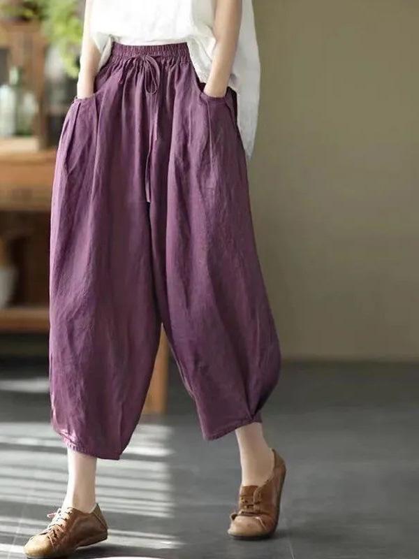 Women's Dopamine Retro Zen Style Elastic Waist Cotton Linen Cropped Harem Pants for Spring Summer