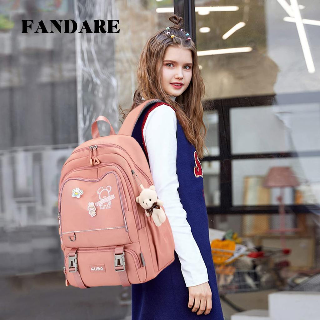 FANDARE Women's Large Capacity Backpack for Girls, Elementary School, Middle School, and High School Students, Carry-On Backpack with Cute Bear
