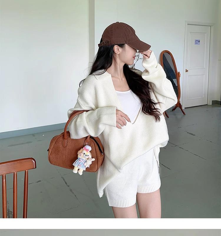 Women's Relaxed V-neck Sweater & Shorts Set - Autumn/Winter Casual Knit Two-piece