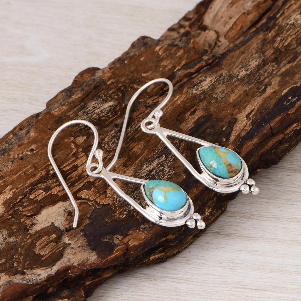 Natural Turquoise Drop Earrings 925 Silver, Pear Shape Turquoise Earrings, Handmade Gemstone Jewelry.