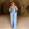 European and American 2024 V-Neck Short-Sleeve Casual Wide-Leg Pants Set