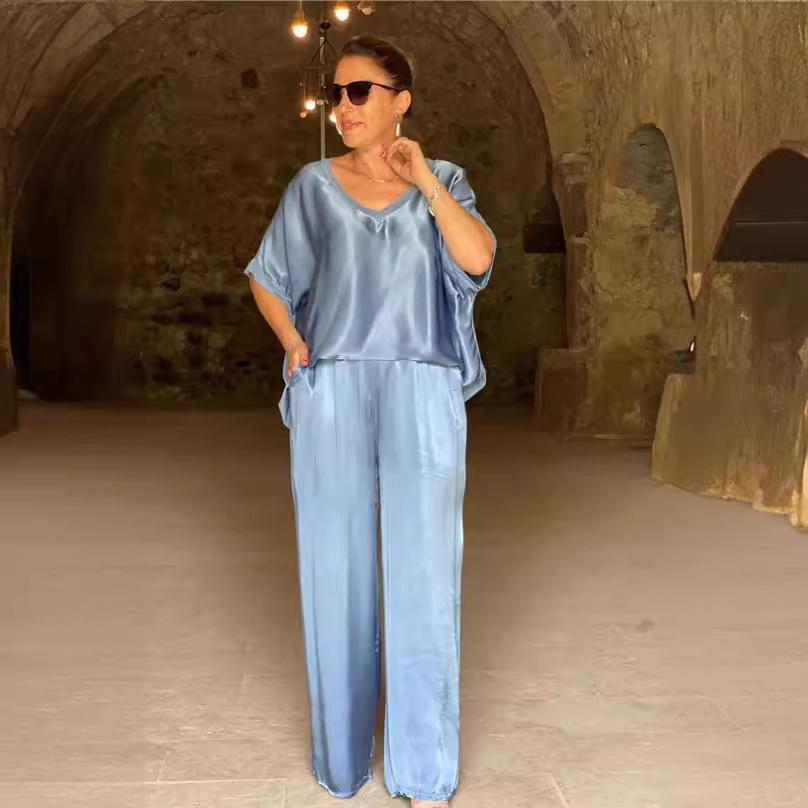 European and American 2024 V-Neck Short-Sleeve Casual Wide-Leg Pants Set