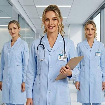 Einheitliche Arbeitskleidung für Dentalhygieniker Knieumfang Wissenschaftler Arbeitsoverall Damen Blauer Laborkittel Langarm