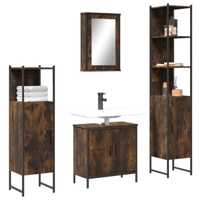 VidaXL Ensemble De Meubles De Salle De Bain 4 Pcs, Armoires Avec Miroir, Meuble De Rangement Toilette Intérieur, Moderne, 3214832