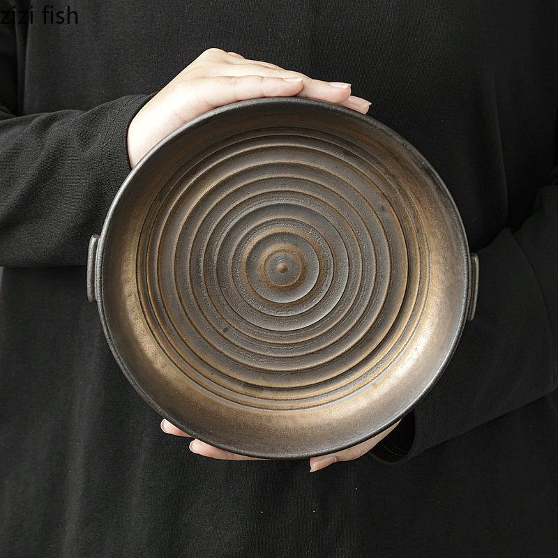 Piatto Ceramico Doppio Manico Retrò Piatto Profondo da Ristorante Piatto da Dessert Piatti per Pasta Piatti Creativi per Insalata Stoviglie Speciali