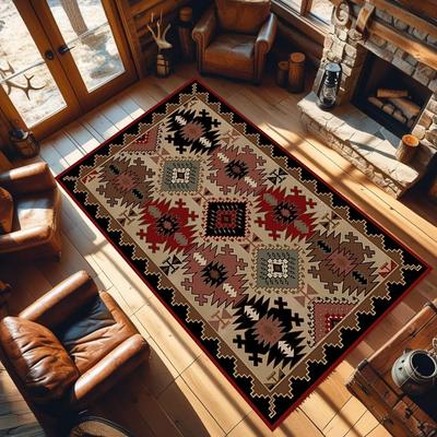 Southwestern Tribal Area Rug Aztec Rustic Area Rugs Native Geometric Rug, Non-Slip Indoor Floor Rugs for Bedroom Living Room