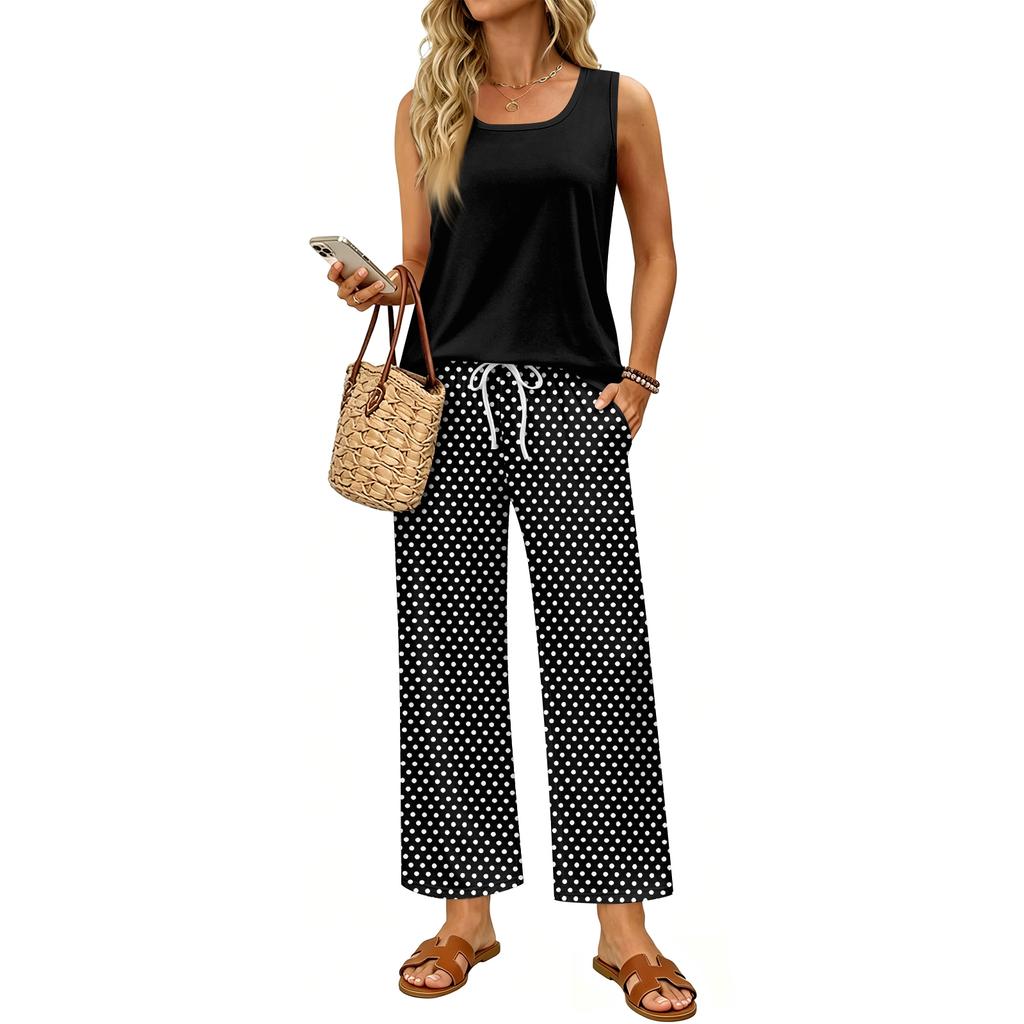 Women Sleeveless Tank Top and Wide Leg Pants Two Piece Set Polka Dot Print Elastic Waist Casual Lounge Wear for Travel Vacation Home