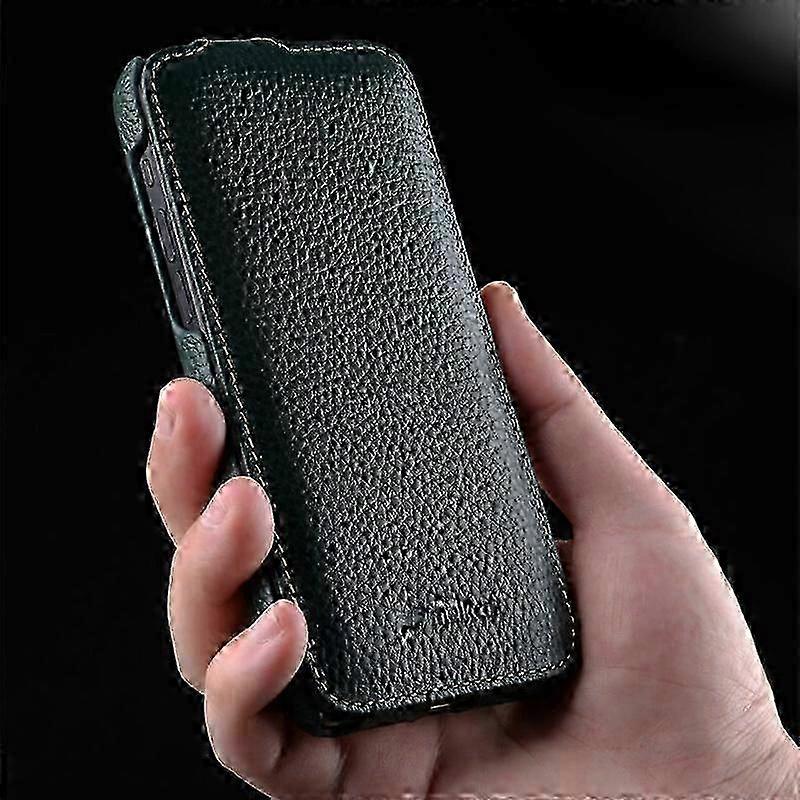 For iPhone 14 Pro Litchi Texture Phone Case Genuine Cow Leather PC Vertical Flip Cover