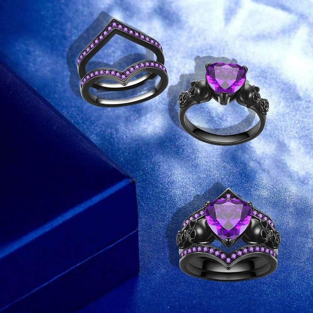 Set di Anelli di Fidanzamento Teschio Fiore Rosa Nero Gotico Zircone Cristallo Cuore Rosso Viola Regalo per Anniversario Festa della Mamma Gioielli
