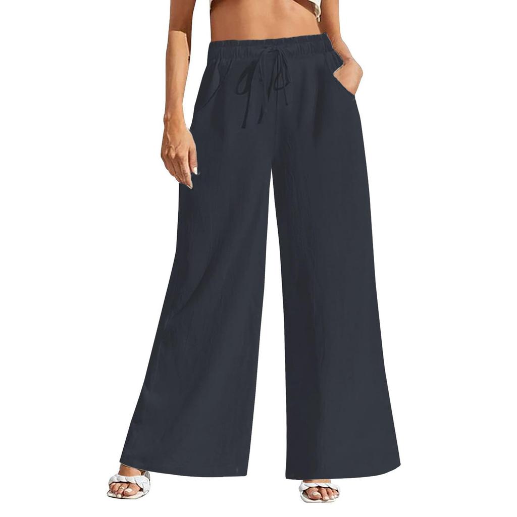 Linen Casual Wide Leg Pants For Women Elastic Waist Versatile Business Casual Work Palazzo Trousers With Pockets