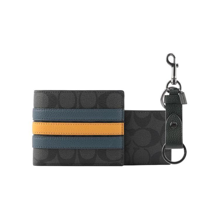 New COACH 3 IN 1 Wallet Canvas With Pebbled Leather Card Holder Wallet Men's Charcoal And Denim Color CE549-QBTU9