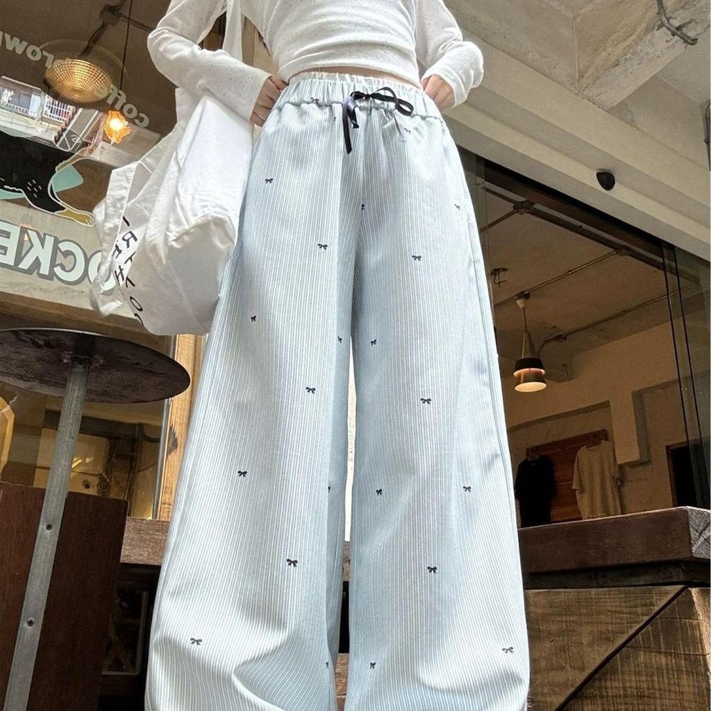 Korean Blue Striped Wide-Leg Women's Pants - Spring/Summer 2026 New Design Long Casual Pants