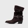Sheepskin Version~ Skinny Niche Design Belt Buckle Retro Pointed Head Thick Heel Showing Legs Thin Temperament Versatile Fashion Boots