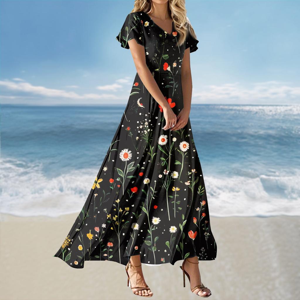 Vestido Feminino Casual Soltinho de Manga Curta com Decote V e Cintura Alta Estampado