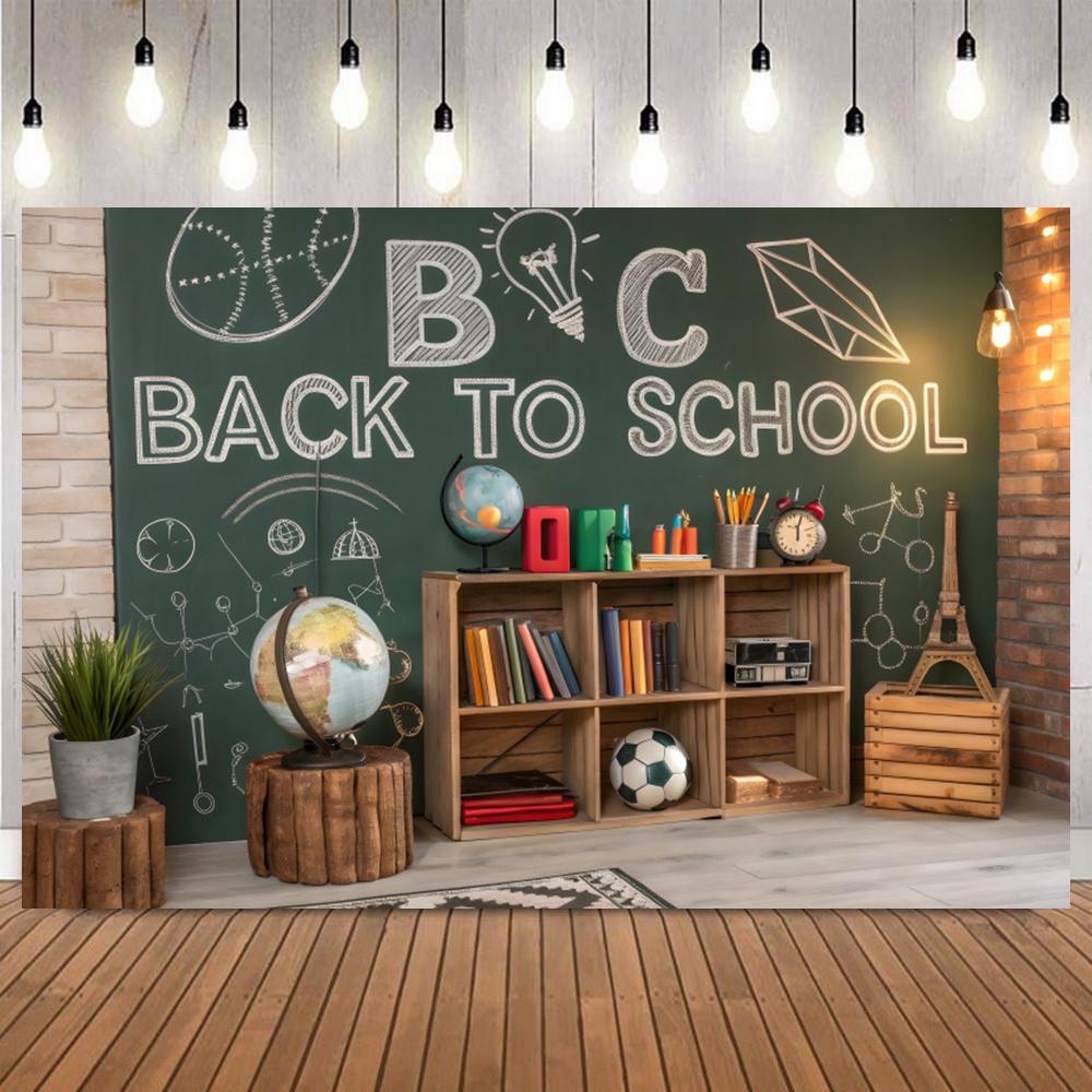Welcome Back To School Photography Backdrop Black Chalkboard Globe Book First Day of School Homecoming Children Photo Background10