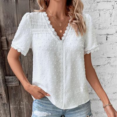 Women's Fashion Casual Solid Color Print Short Sleeve V-Neck Blouses & Shirts