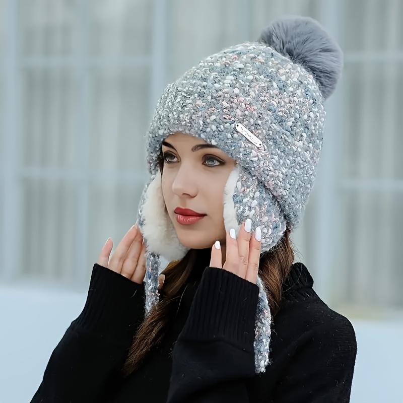 Women's Fleece Winter Hat with Detachable Ear Flaps & Pom-Pom Trim - Elastic Pull-String Closure, Cold Weather Outdoor Activities
