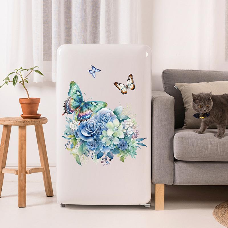 Hand Painted Blue Rose Butterfly Wall Stickers for Bedroom Door Decor and Suitcase Creative Decals for Girls Room