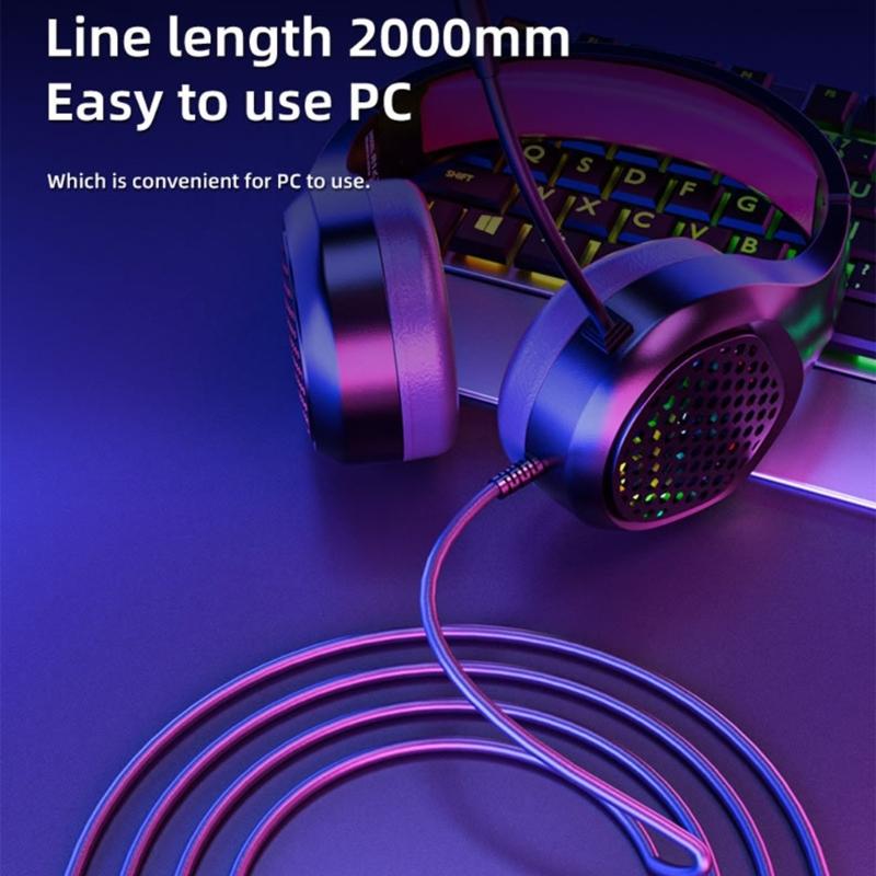 Gaming Headphone with Microphone for PC Corded Noise Cancelling Over Ear Headphone with LED Light for Computer