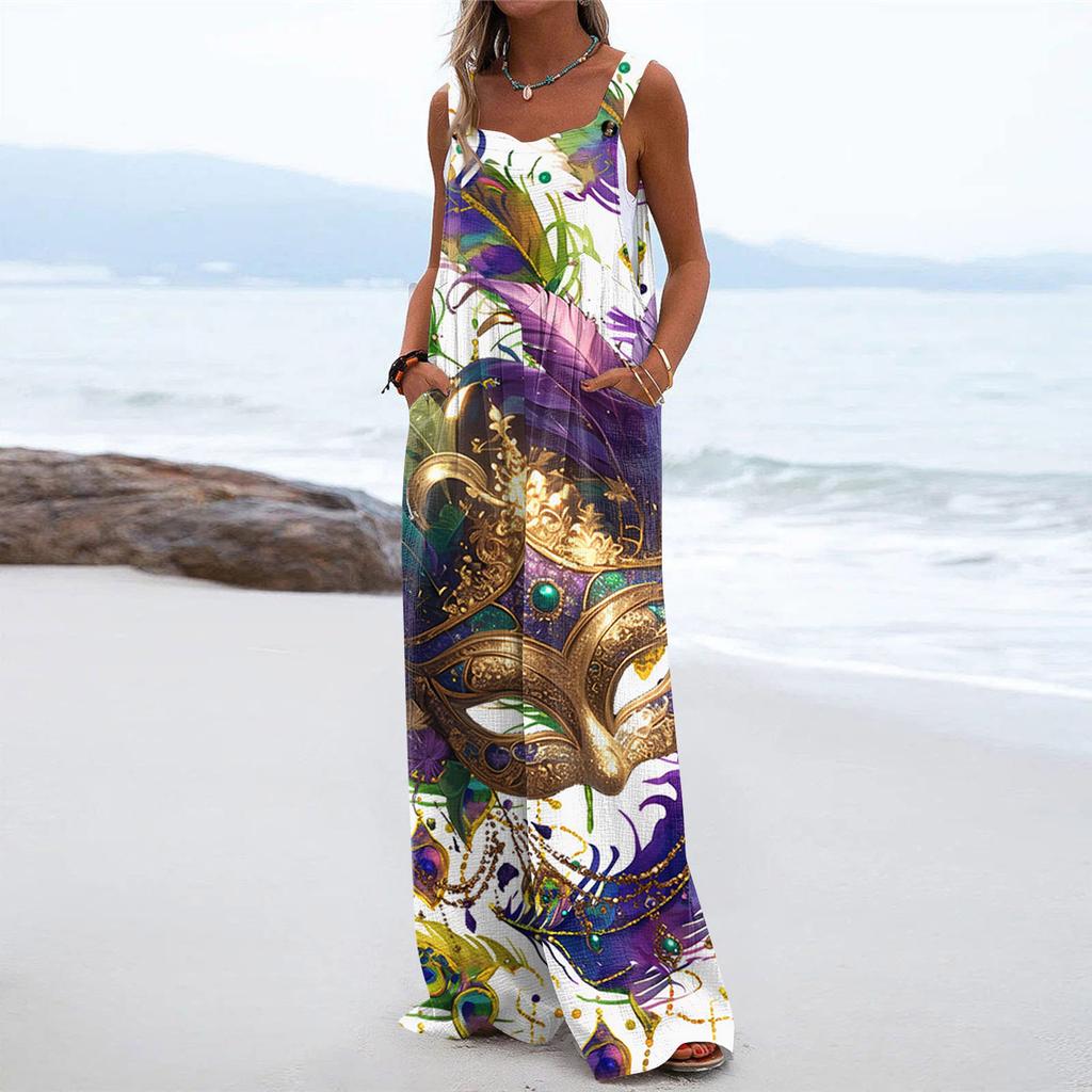 Wide Leg Overalls For Women Casual Loose Sleeveless Print Button Long Pant Romper Jumpsuit With Pockets