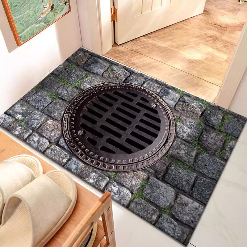 

3D Optical Illusion Hole Pattern Doormat Industrial Style Sewer Manhole Cover Print Entry Mat Soft Non-Slip Home Decor Floor Mat 30x50cm
