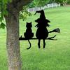 Halloween Black Cat Witch Broom Silhouette Garden Outdoor Stake Statue Decor