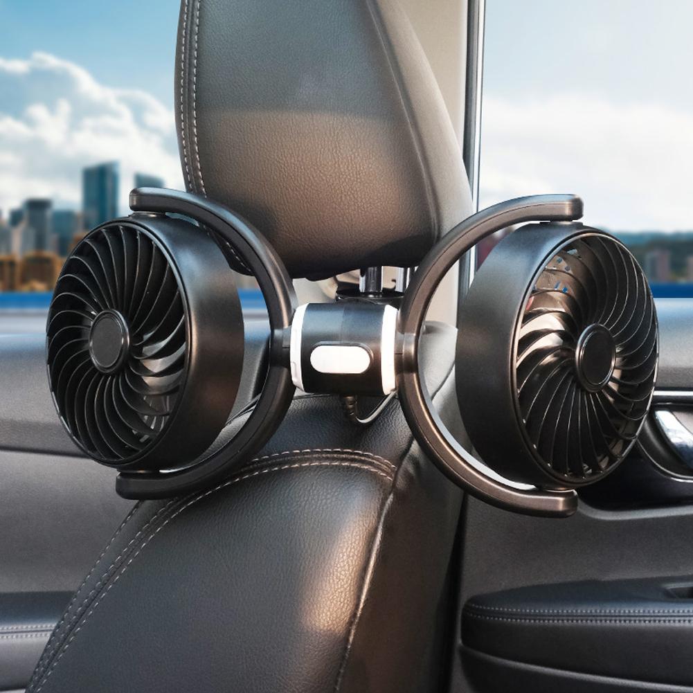 12V/24V Car Headrest Fan 360° Rotatable Dual Head Car Seat Back Cooling Fan 3 Speeds Powerful Wind Car Interior Fan Neck Cooler