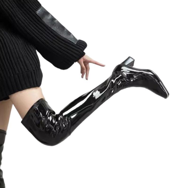 Sleek Kendall Jenner Patent Leather Thigh-High Boots - Autumn/Winter Collection with Elastic High Heels and Plus Velvet Finish
