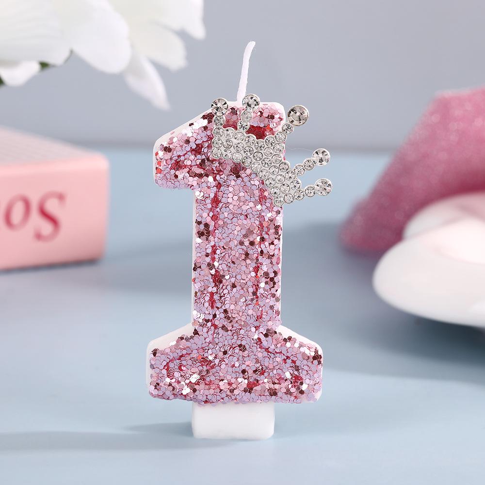 High-End Pink Glitter Crown Number Candle for First Birthday Cake Decoration
