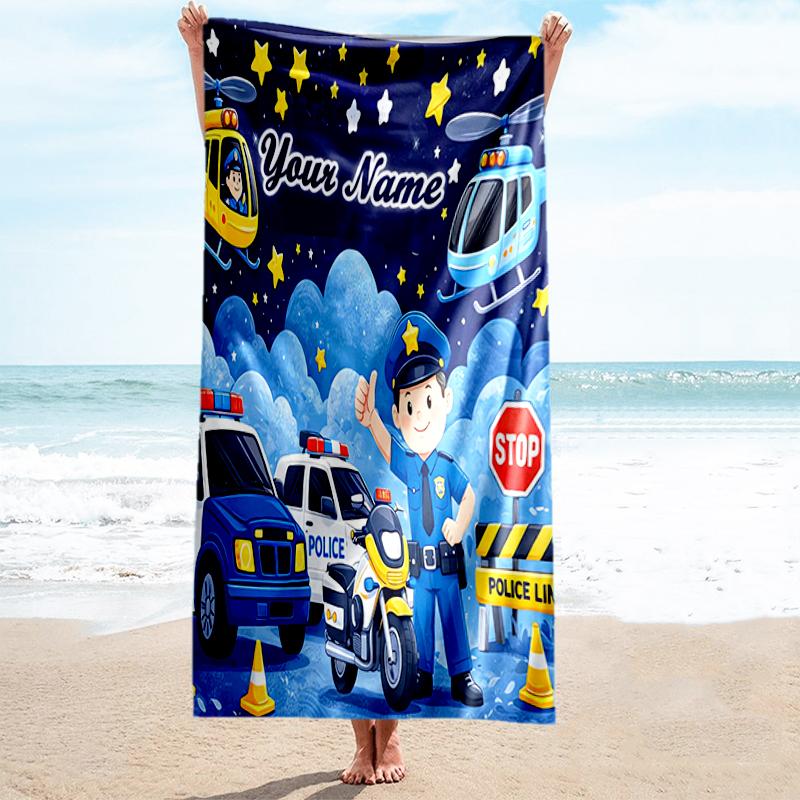 1PC Custom Name Police Night Adventure Beach Towel Highly Absorbent And Sand-Resistant Towel for Swimming, Pool, Yoga, And Travel Lightweight