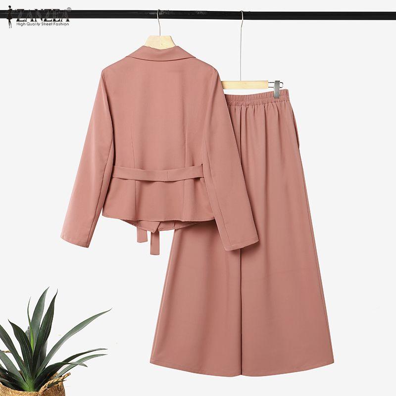 ZANZEA Women Elegant Long Sleeve Thin Cardigan Blazer And Long Pants Casual Two Piece Suit Sets