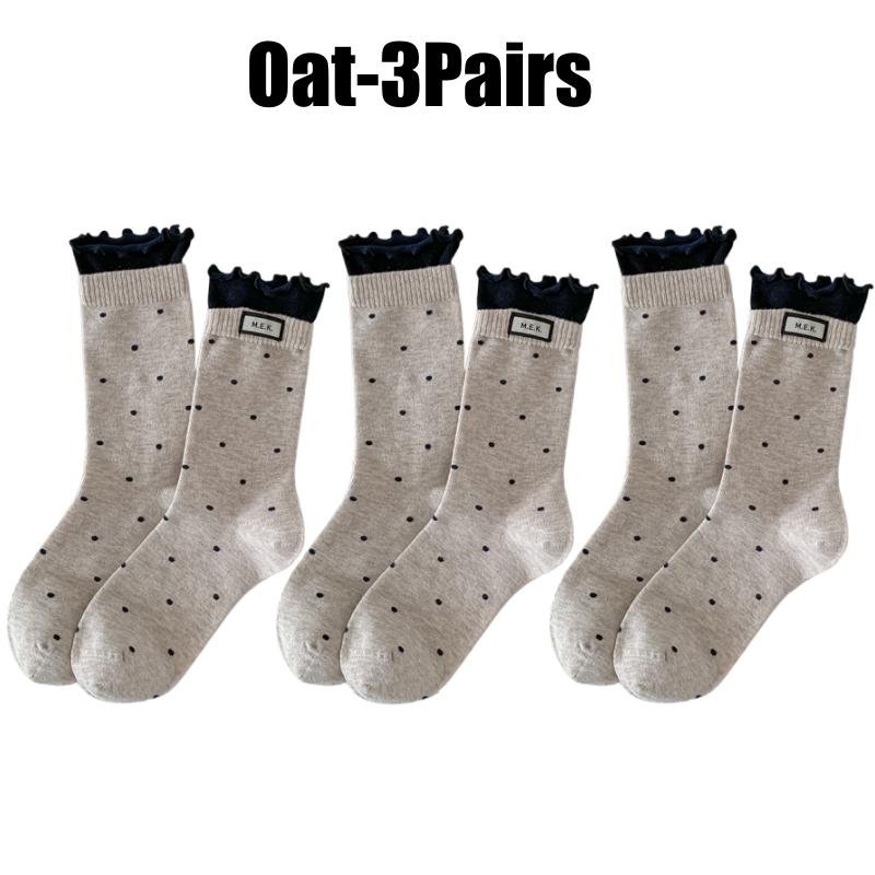 Womens Polka Dot Mid Crew Socks Ballet Style Delicate Lace Edging and Ruffle Trim Fashion Woven Label Simple Design Socks