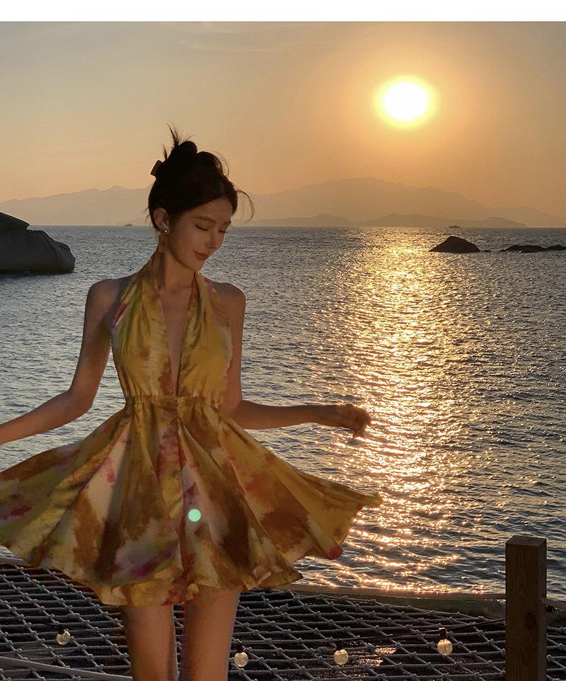 Sunny Yellow Halter Mini Dress - French Style, Fairy-Inspired, Sexy Backless Design, Perfect for Slimming Vacation Looks