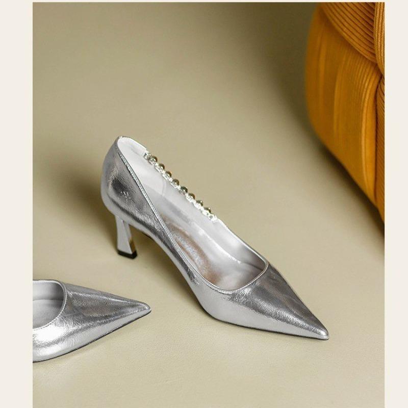 Móda 2025 Nové Stříbrné Lakované Kožené Sexy Vysoké Podpatky Dámské Mělké Ústa Temperament Kamínky Módní Jehlové Lodičky