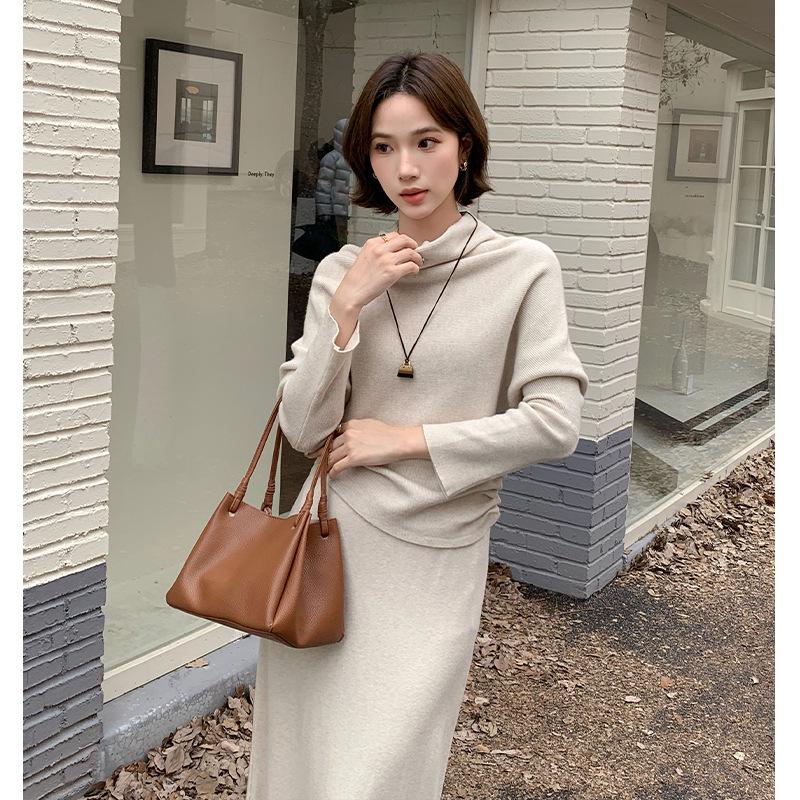 

Korean Style Women s Knit Top & High Waist Skirt Set with Buttoned Waist-cinching and Loose High Neck Design One Size абрикосовый