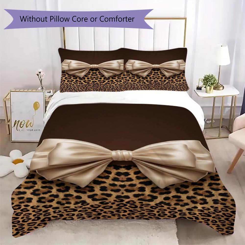 Leopard Print Bow Pattern Bedding uilt Set uilt Cover Pillowcase Home Decoration Birthday Gift (1 * duvet cover + 2 * pillowcase without core)91
