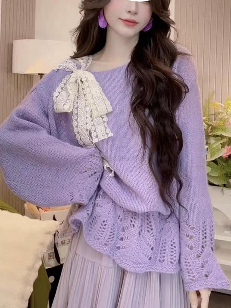 Lazy Style Knitted Lace-Up Bow Sweater - Women's Loose Fit for Autumn and Winter