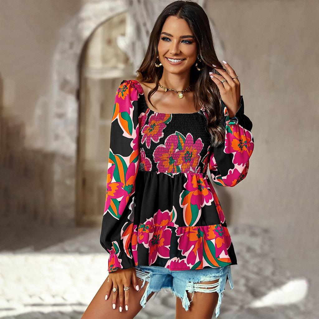 Square Neck Long Sleeve Shirt Women's Spring Summer High Waist Print Top