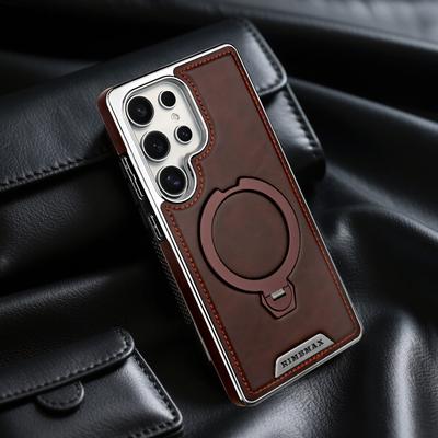 Magnetic Rotating Bracket Leather Case for Samsung Galaxy S25 Ultra S26 Edge S24 Plus S23 Wireless Charging Plating Phone Cover
