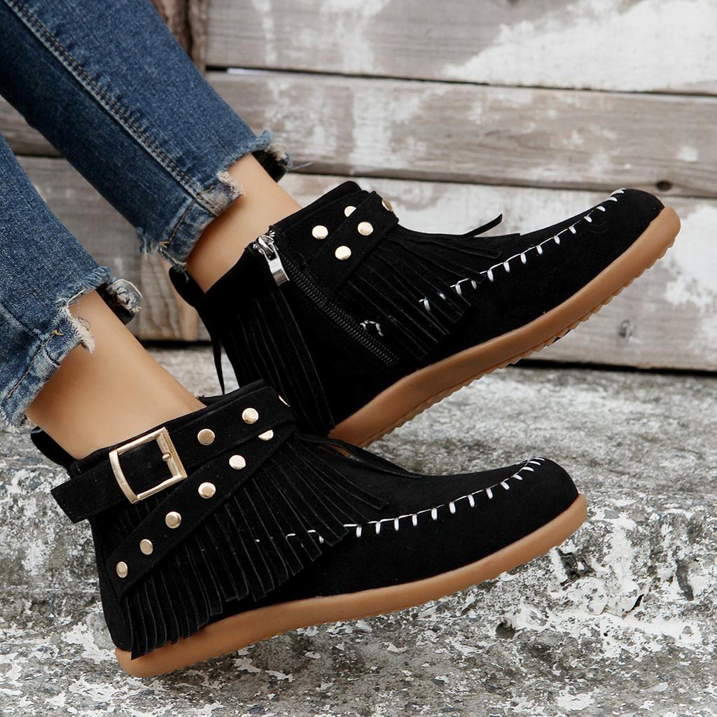 Women's Boots Short Boots Autumn and Winter New Large Size Rivet Flat Bottom Fringed Boots Children
