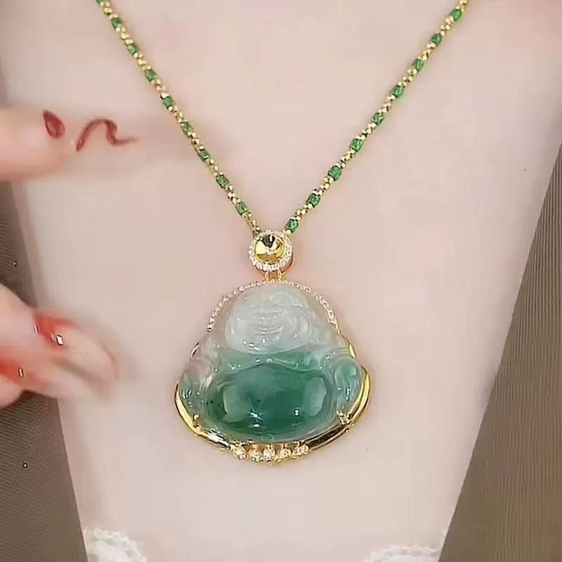 Collana con Ciondolo Buddha per Uomo Donna, Ciondolo Buddha Portafortuna in Lega di Zinco, Colore Verde, Gioielli Trendy in Stile Etnico