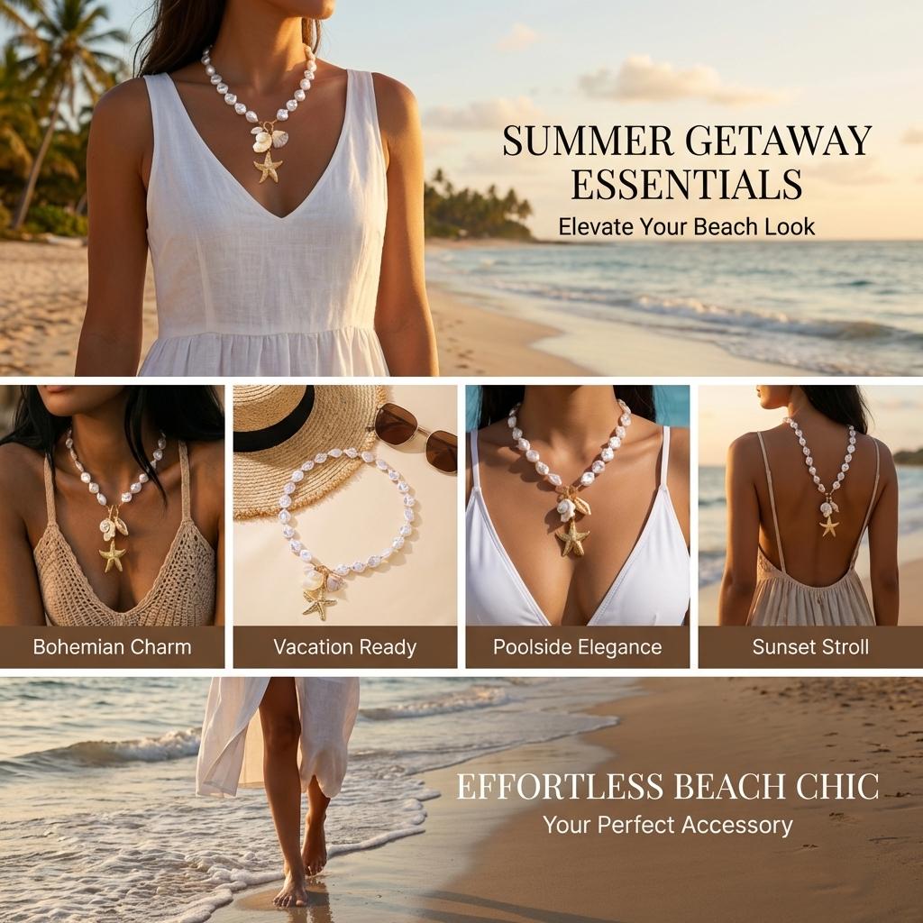 Boho Exaggerated Big Scallop Conch Shell Pendant Necklace for Women Summer Beach Pearl Starfish Chain Choker Ocean Neck Jewelry