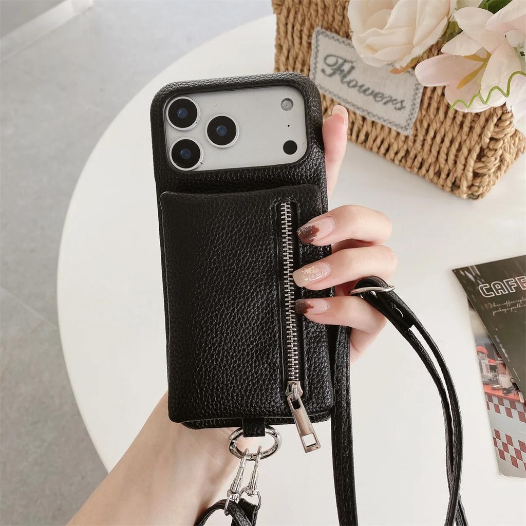 Leather Crossbody Zipper Wallet Phone Case for iPhone 17 Air 16 15 14 Plus 13 12 Pro Max with Card Holder Slot Protective Cover