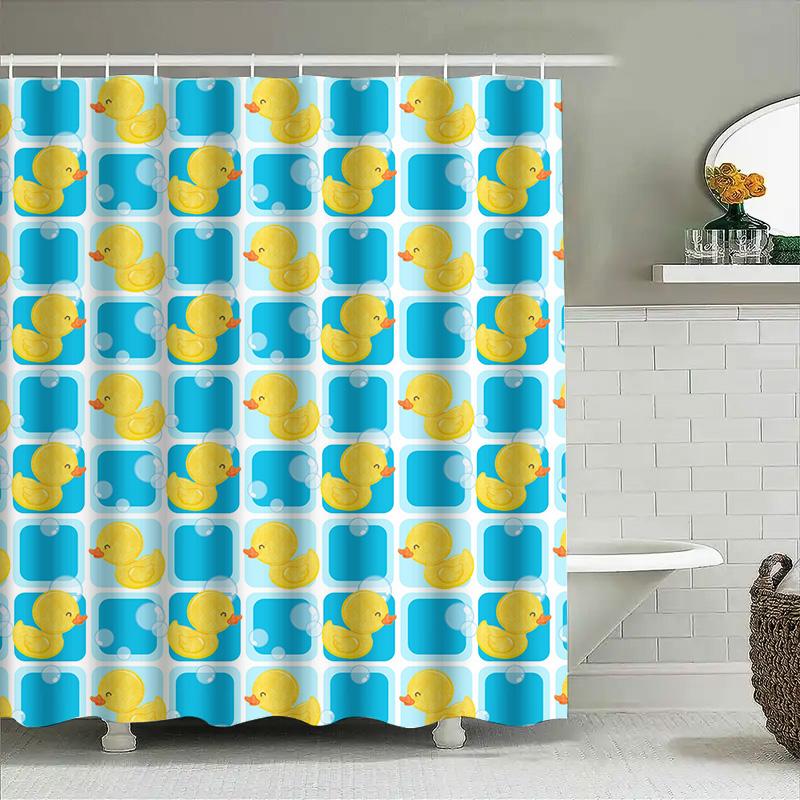 Whimsical Rubber Duck Shower Curtain Bright Blue Yellow Pattern Decorative Waterproof Fabric For Bathroom Accessories Set In Var